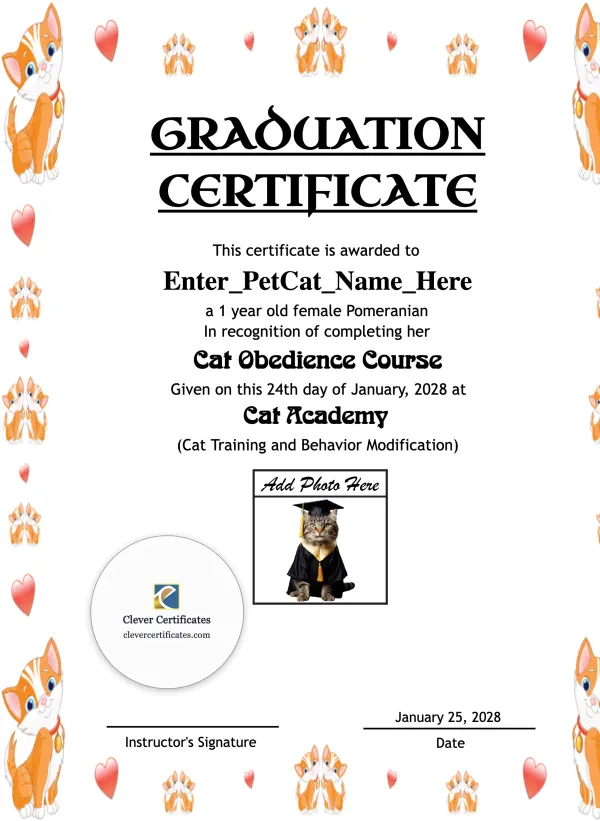 Cat Graduation Certificate Portrait — Certificate Template Preview