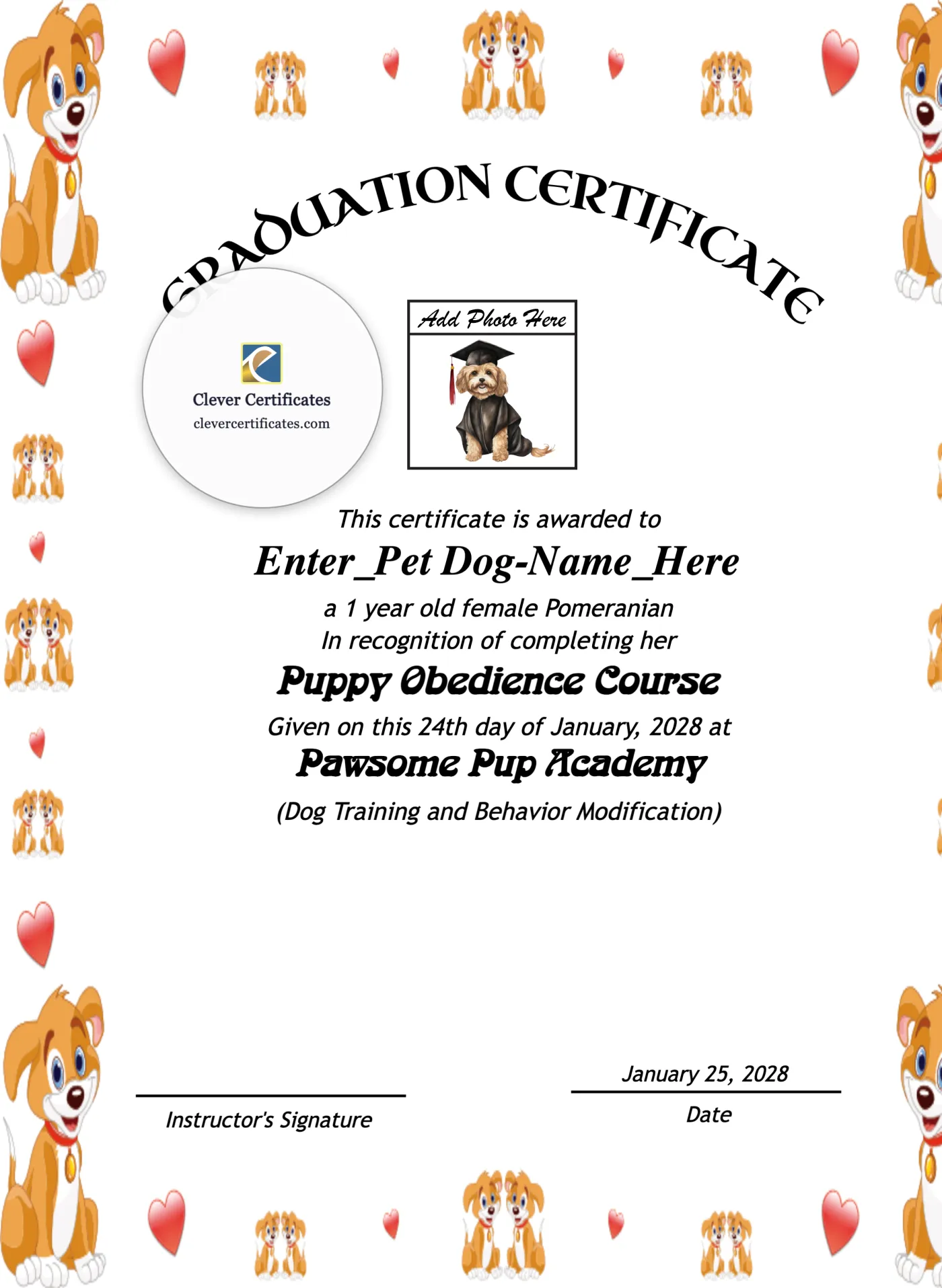 Puppy Graduation Certificate Portrait — Certificate Template Preview