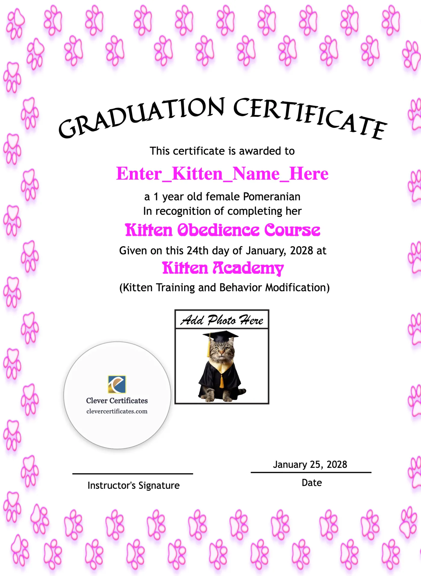 Kitten Graduation Certificate Portrait — Certificate Template Preview