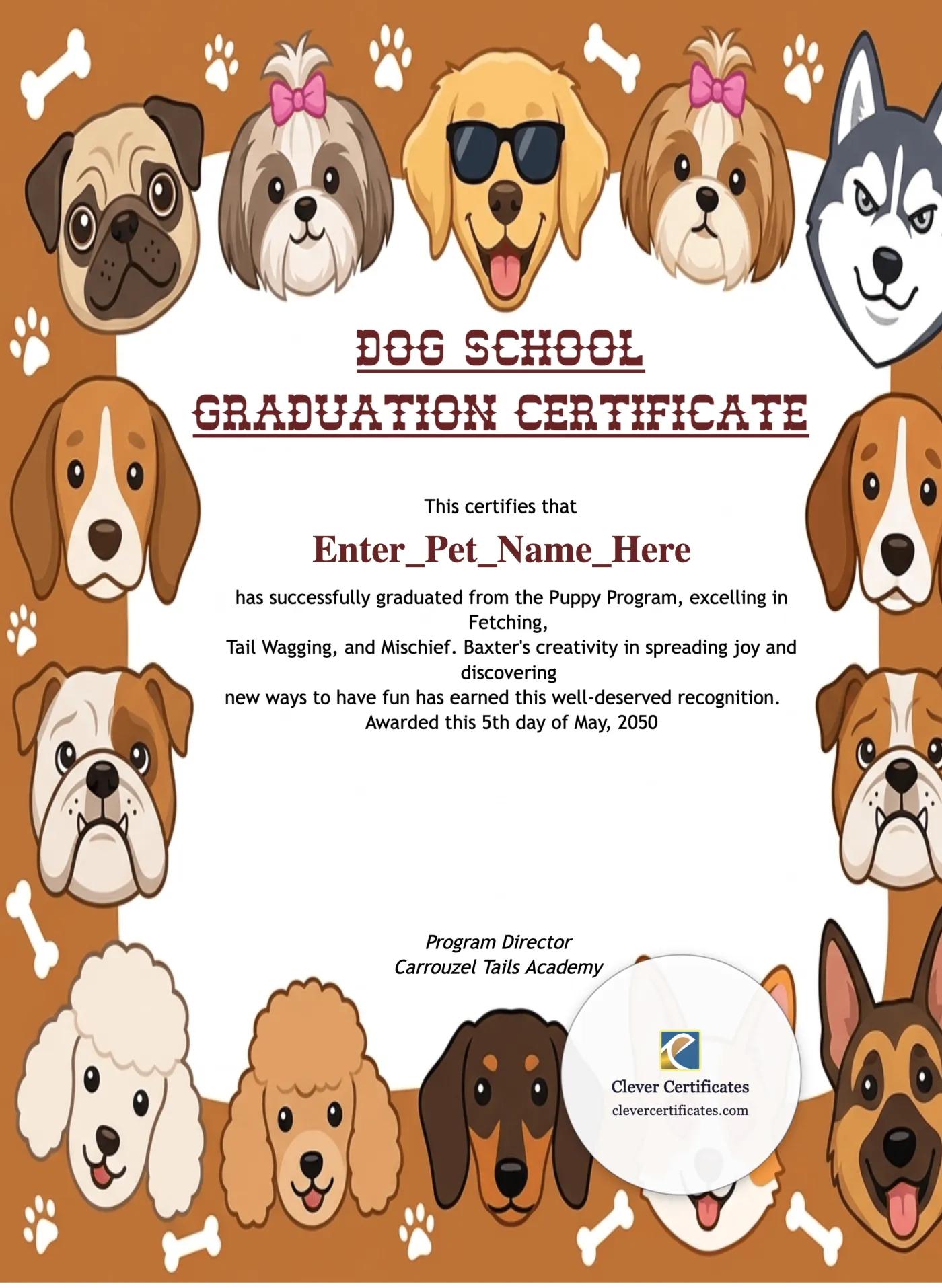 Dog School Graduation Certificate Portrait — Certificate Template Preview