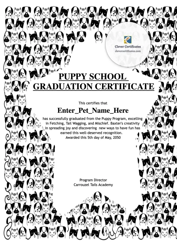 Puppy School Graduation Certificate Portrait — Certificate Template Preview