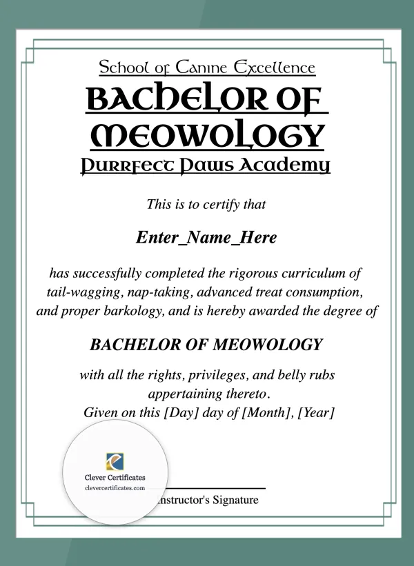 Bachelor Of Meowology Certificate Portrait — Certificate Template Preview