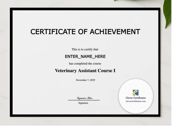 Veterinary Assistant Certificate presented in a sleek wooden frame, elegantly arranged on a stylish table.