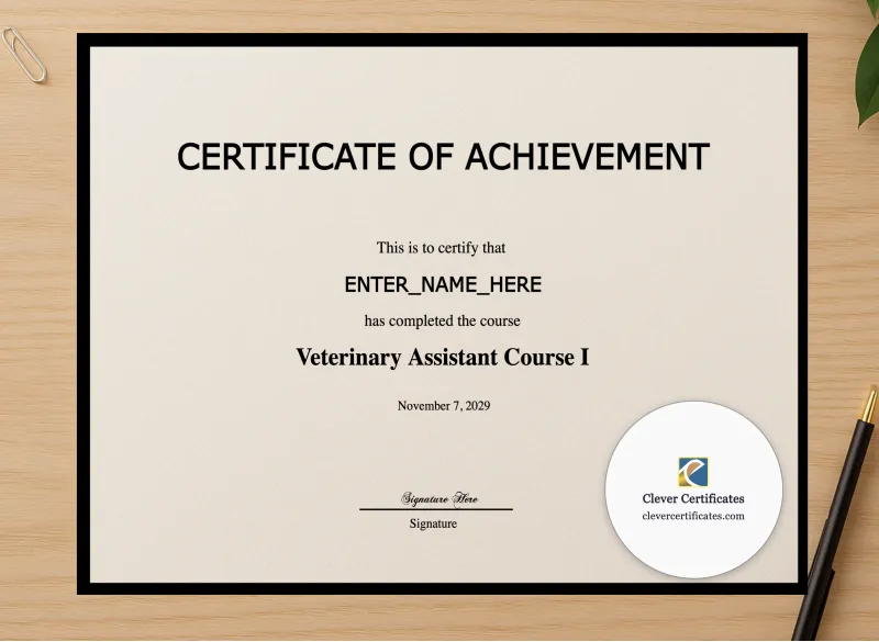 Professional preview of Veterinary Assistant Certificate certificate on high-quality stationery paper, ideal for showcasing the final look.
