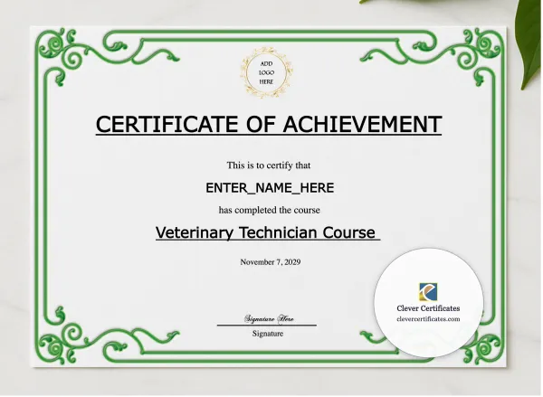 Veterinary Technician Certificate presented in a sleek wooden frame, elegantly arranged on a stylish table.