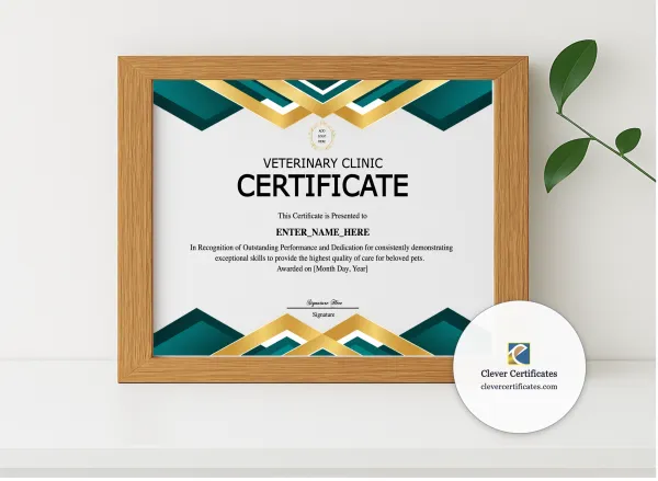 Realistic mockup featuring Certified Veterinary Assistant Certificate displayed within a modern frame, set against a minimalistic background.