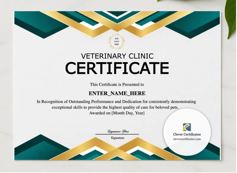 Certified Veterinary Assistant Certificate presented in a sleek wooden frame, elegantly arranged on a stylish table.