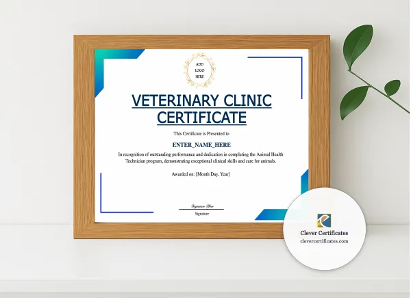 Realistic mockup featuring Animal Health Technician Certificate displayed within a modern frame, set against a minimalistic background.