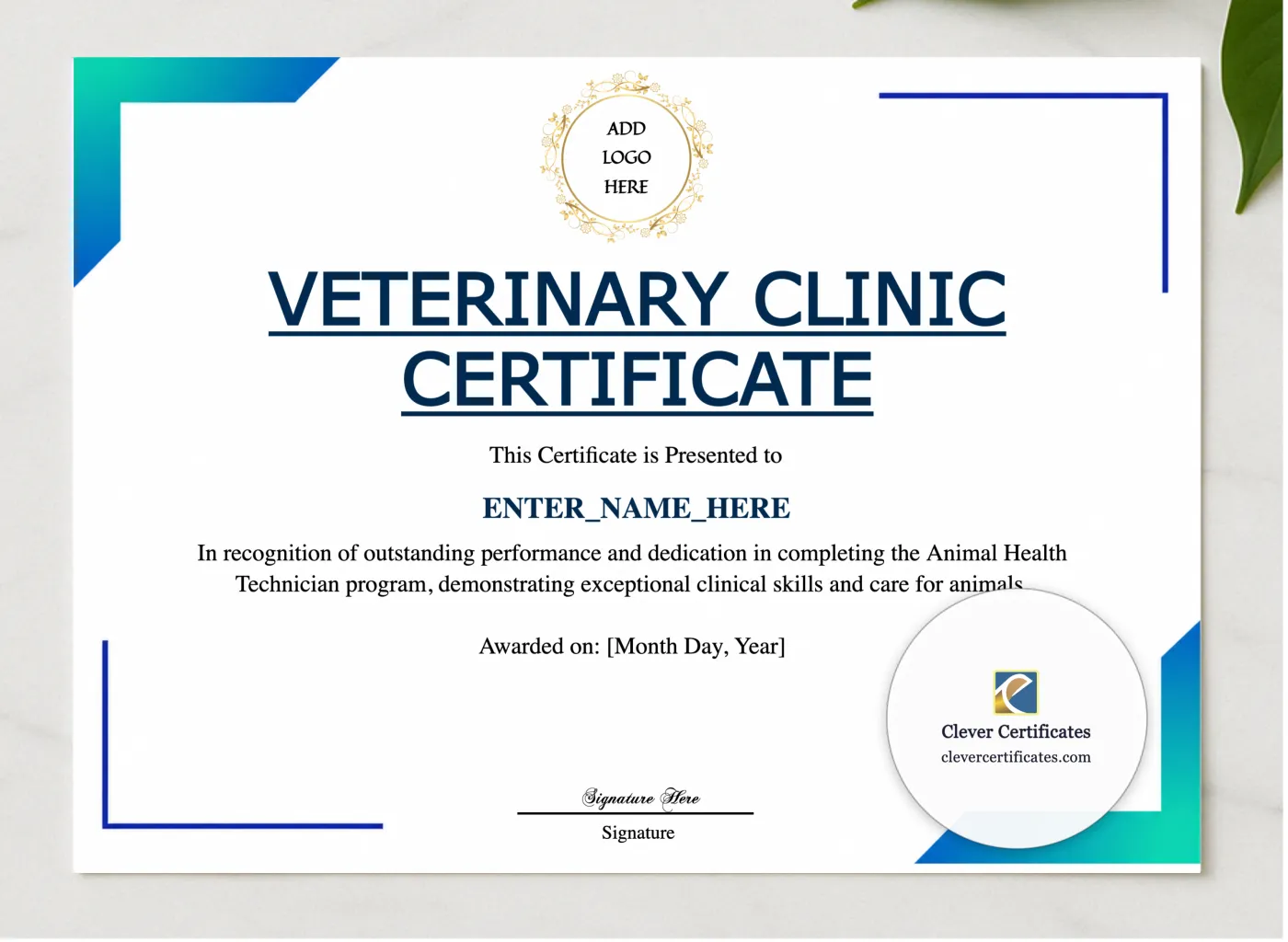 Animal Health Technician Certificate presented in a sleek wooden frame, elegantly arranged on a stylish table.