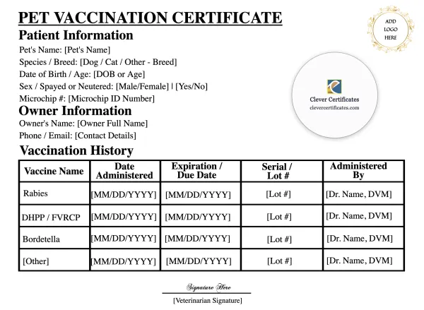 Free Pet Vaccination Record Certificate Template