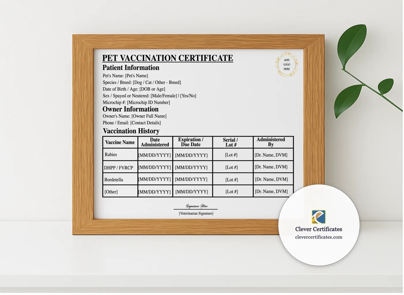 Realistic mockup featuring Pet Vaccination Record Certificate displayed within a modern frame, set against a minimalistic background.