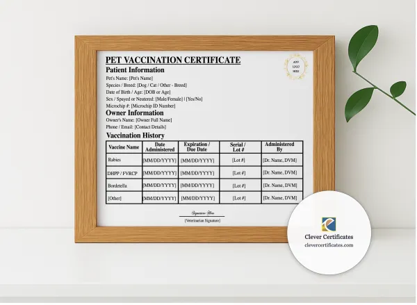 Realistic mockup featuring Pet Vaccination Record Certificate displayed within a modern frame, set against a minimalistic background.
