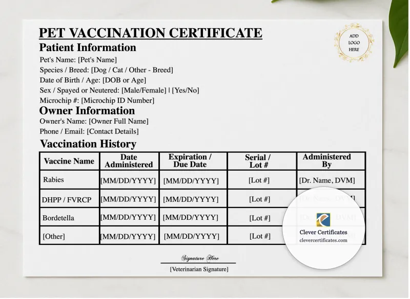 Pet Vaccination Record Certificate presented in a sleek wooden frame, elegantly arranged on a stylish table.