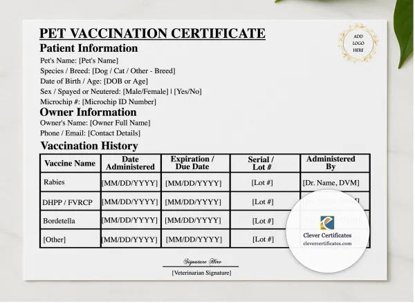 Pet Vaccination Record Certificate presented in a sleek wooden frame, elegantly arranged on a stylish table.