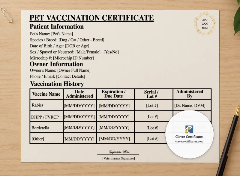 Professional preview of Pet Vaccination Record Certificate certificate on high-quality stationery paper, ideal for showcasing the final look.
