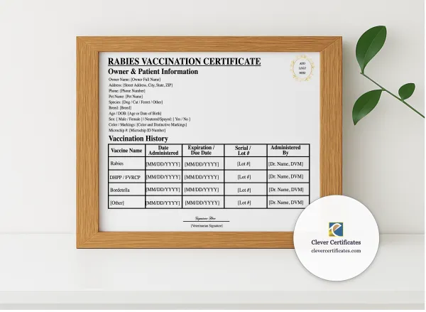 Realistic mockup featuring Rabies Vaccination Certificate displayed within a modern frame, set against a minimalistic background.