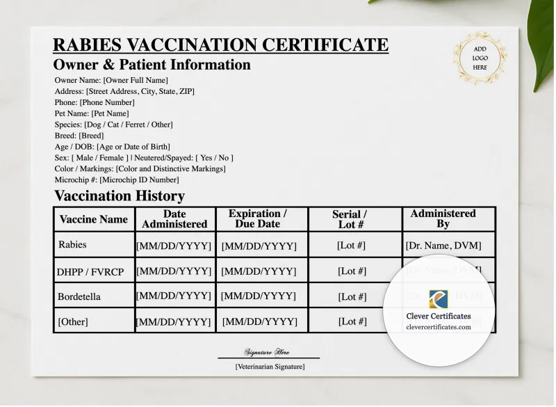 Rabies Vaccination Certificate presented in a sleek wooden frame, elegantly arranged on a stylish table.