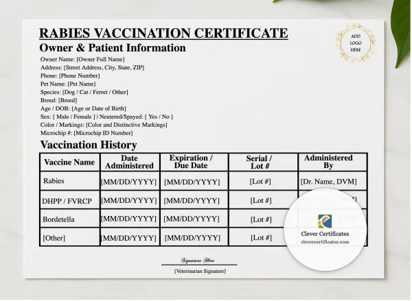 Rabies Vaccination Certificate presented in a sleek wooden frame, elegantly arranged on a stylish table.