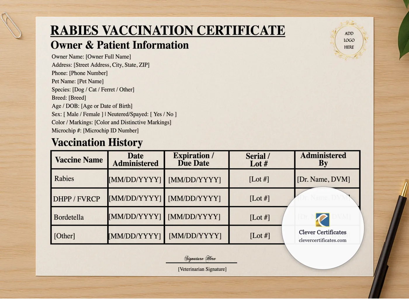 Professional preview of Rabies Vaccination Certificate certificate on high-quality stationery paper, ideal for showcasing the final look.