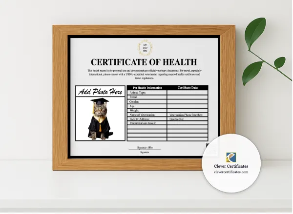 Realistic mockup featuring Pet Wellness Check Certificate displayed within a modern frame, set against a minimalistic background.