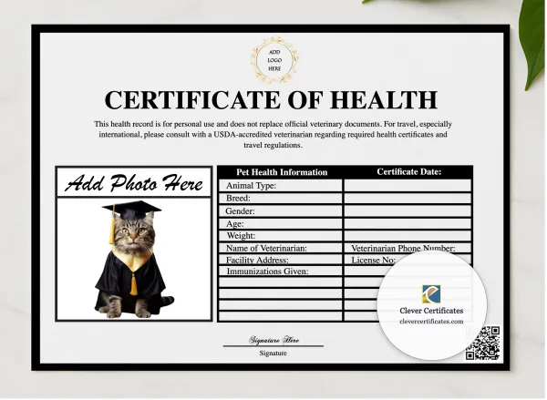 Pet Wellness Check Certificate presented in a sleek wooden frame, elegantly arranged on a stylish table.
