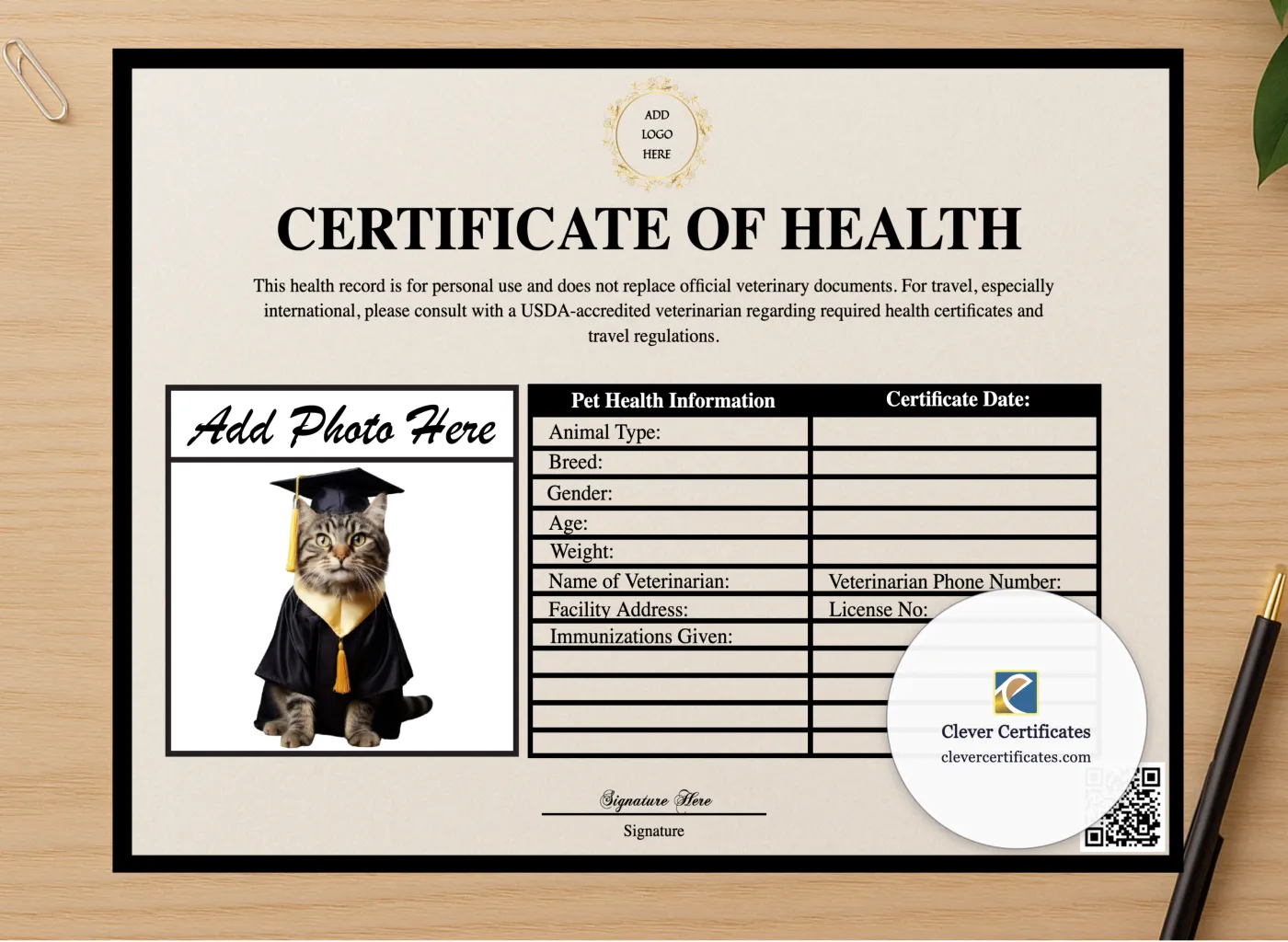 Professional preview of Pet Wellness Check Certificate certificate on high-quality stationery paper, ideal for showcasing the final look.
