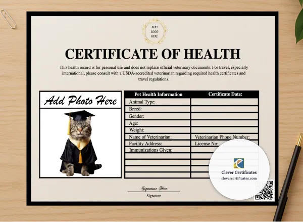 Professional preview of Pet Wellness Check Certificate certificate on high-quality stationery paper, ideal for showcasing the final look.