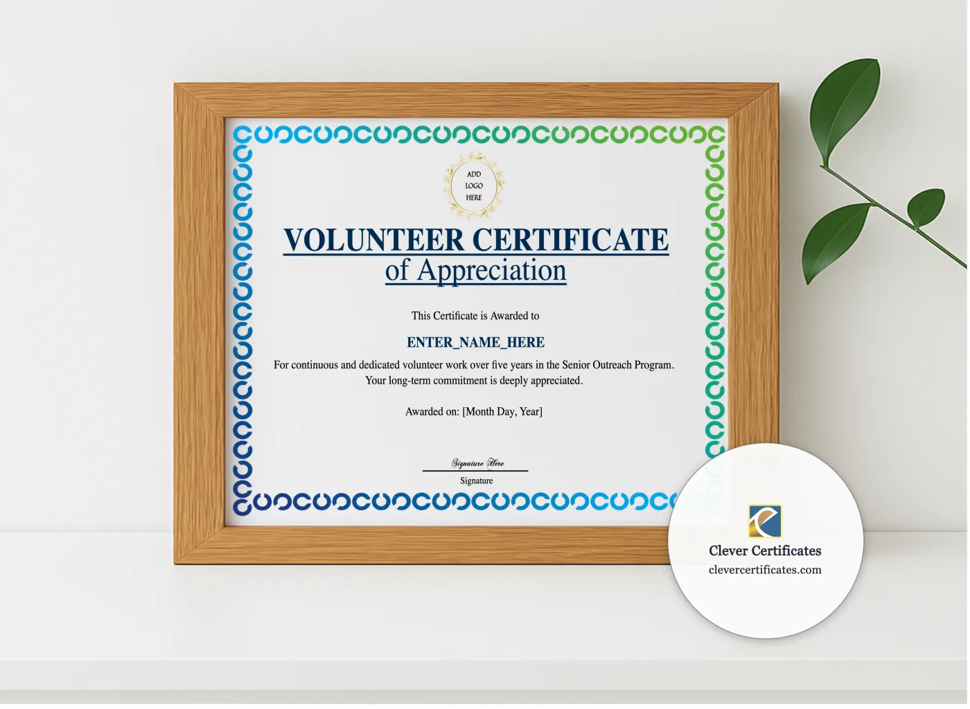 Realistic mockup featuring Animal Hospital Volunteer Certificate displayed within a modern frame, set against a minimalistic background.