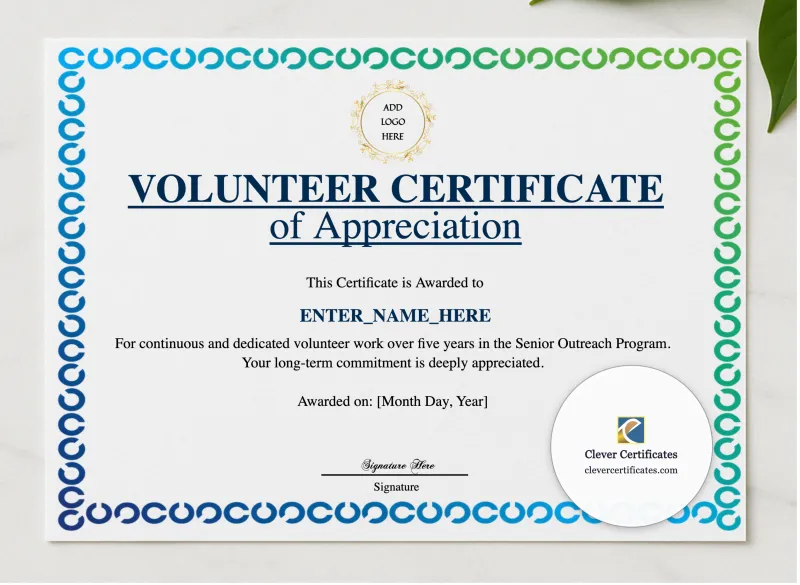 Animal Hospital Volunteer Certificate presented in a sleek wooden frame, elegantly arranged on a stylish table.
