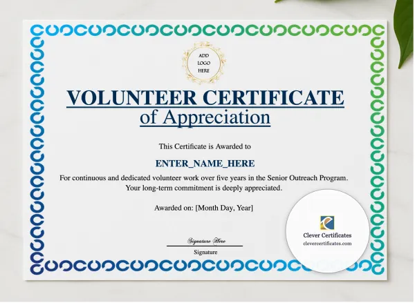 Animal Hospital Volunteer Certificate presented in a sleek wooden frame, elegantly arranged on a stylish table.