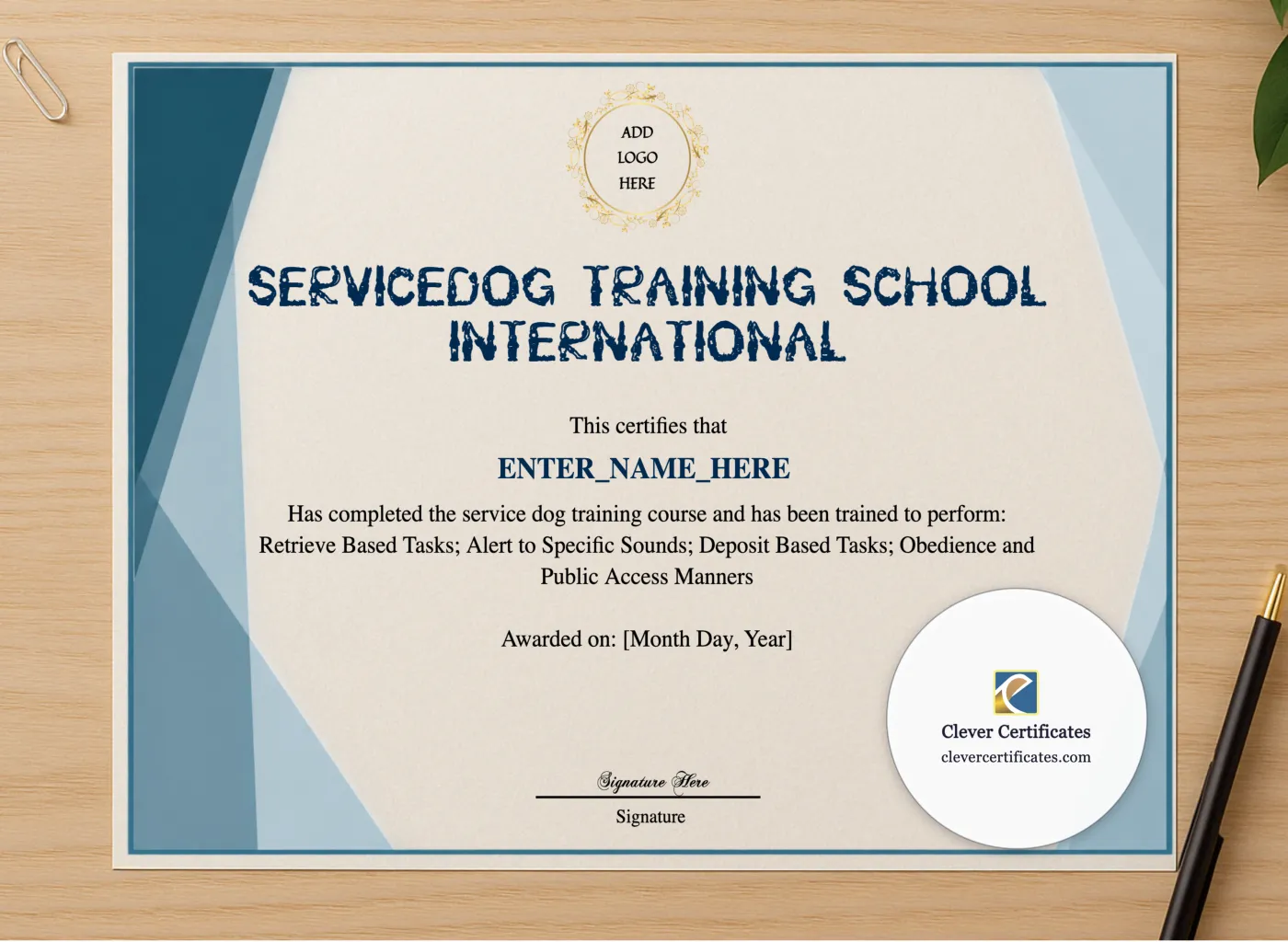 Professional preview of Dog Training Certification certificate on high-quality stationery paper, ideal for showcasing the final look.