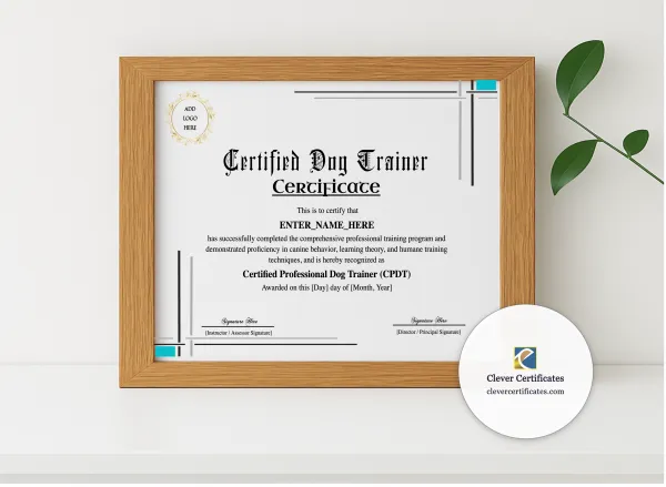 Realistic mockup featuring Certified Dog Trainer Certificate displayed within a modern frame, set against a minimalistic background.