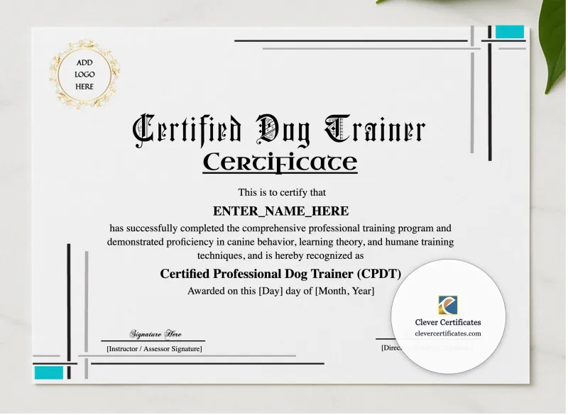 Certified Dog Trainer Certificate presented in a sleek wooden frame, elegantly arranged on a stylish table.