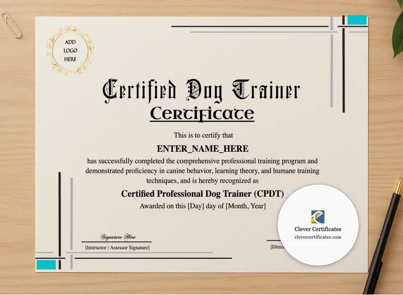 Professional preview of Certified Dog Trainer Certificate certificate on high-quality stationery paper, ideal for showcasing the final look.