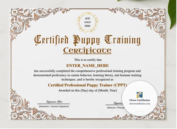 Puppy Training Completion Certificate presented in a sleek wooden frame, elegantly arranged on a stylish table.