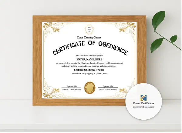 Realistic mockup featuring Canine Obedience Training Certificate displayed within a modern frame, set against a minimalistic background.