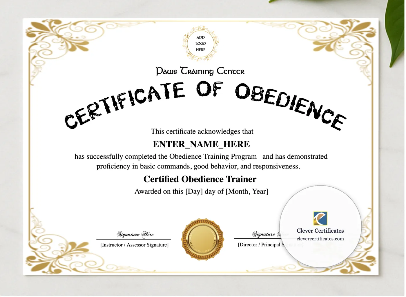 Canine Obedience Training Certificate presented in a sleek wooden frame, elegantly arranged on a stylish table.