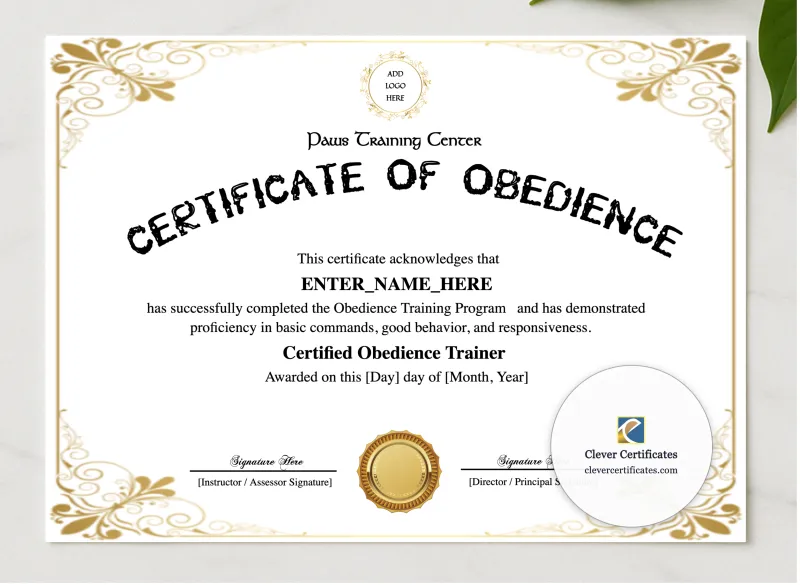 Canine Obedience Training Certificate presented in a sleek wooden frame, elegantly arranged on a stylish table.