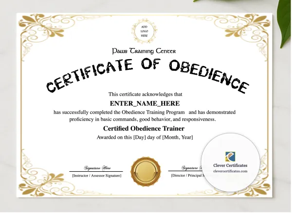 Canine Obedience Training Certificate presented in a sleek wooden frame, elegantly arranged on a stylish table.