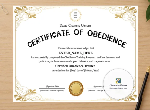 Professional preview of Canine Obedience Training Certificate certificate on high-quality stationery paper, ideal for showcasing the final look.