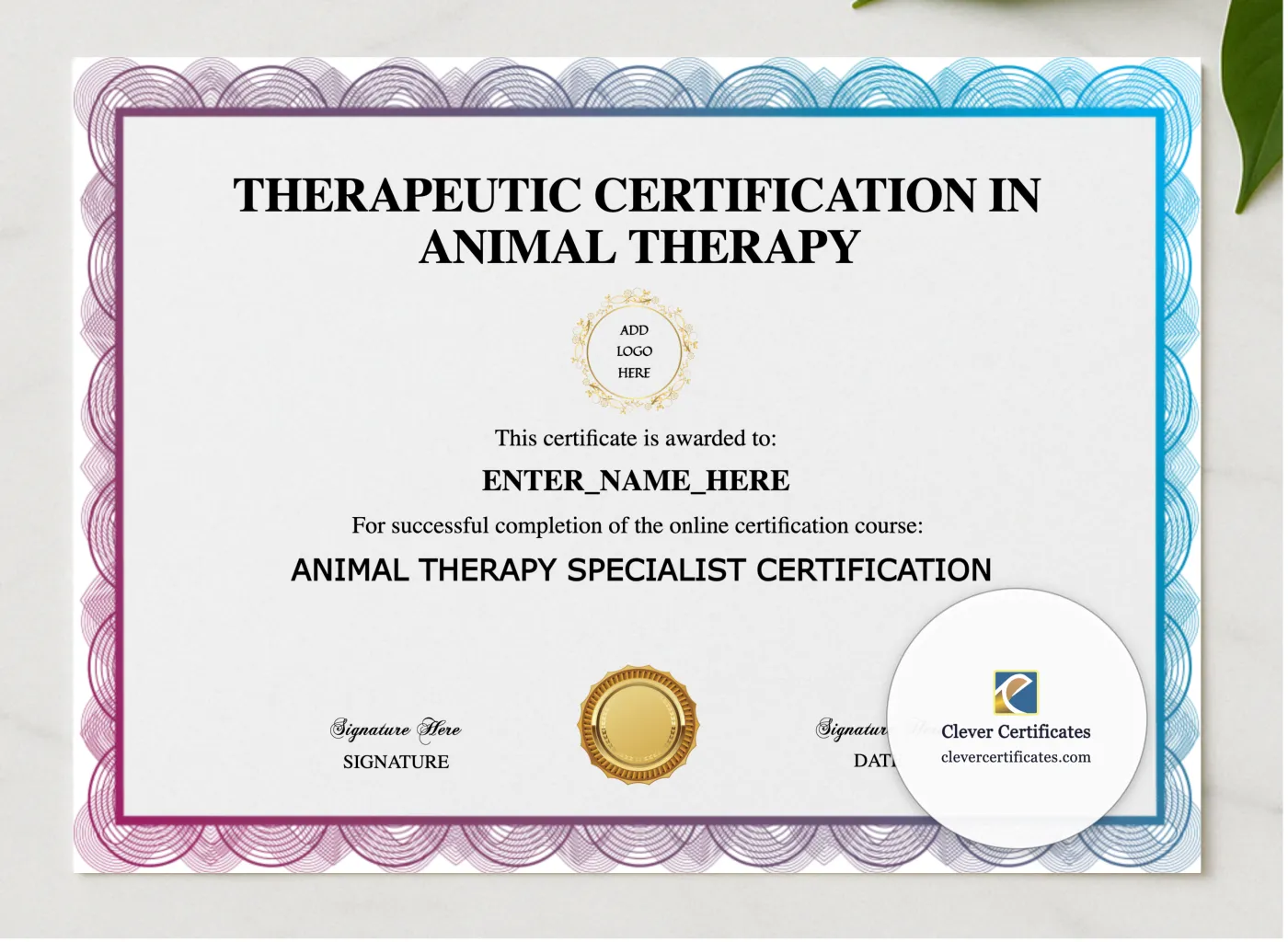 Service Dog Training Certificate presented in a sleek wooden frame, elegantly arranged on a stylish table.
