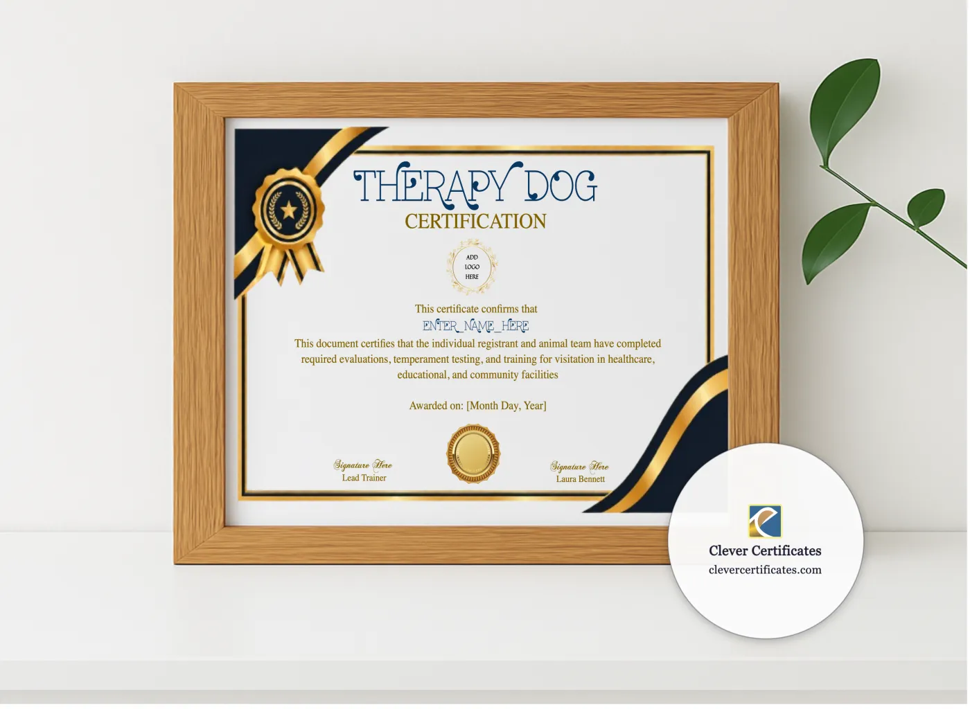 Realistic mockup featuring Therapy Dog Certification Certificate displayed within a modern frame, set against a minimalistic background.