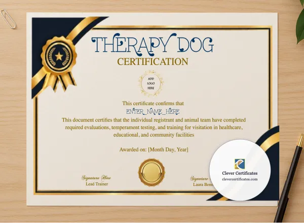 Professional preview of Therapy Dog Certification Certificate certificate on high-quality stationery paper, ideal for showcasing the final look.