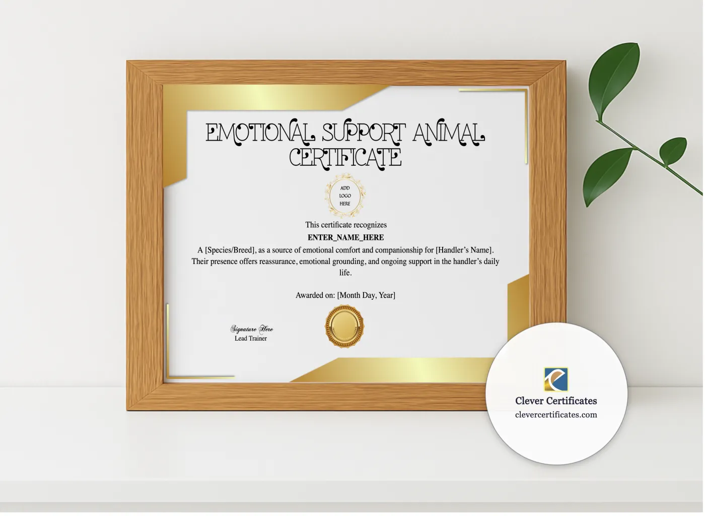 Realistic mockup featuring Emotional Support Animal Certificate displayed within a modern frame, set against a minimalistic background.