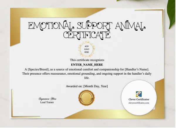 Emotional Support Animal Certificate presented in a sleek wooden frame, elegantly arranged on a stylish table.