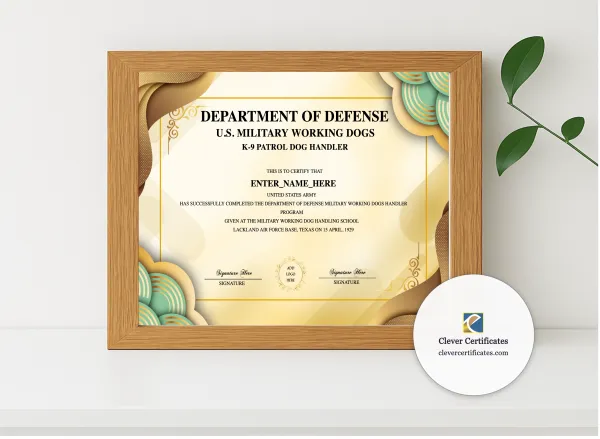 Realistic mockup featuring K9 Training Certificate displayed within a modern frame, set against a minimalistic background.