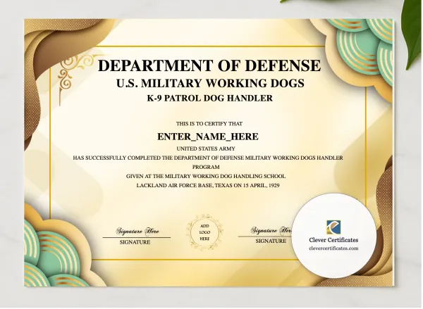 K9 Training Certificate presented in a sleek wooden frame, elegantly arranged on a stylish table.