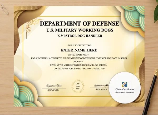 Professional preview of K9 Training Certificate certificate on high-quality stationery paper, ideal for showcasing the final look.