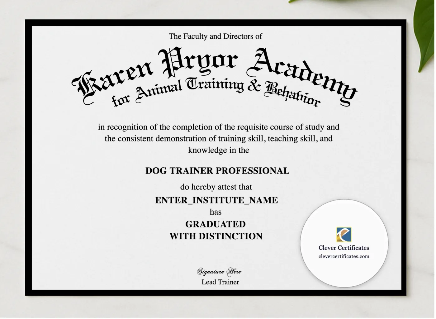 Animal Behavior Training Certificate presented in a sleek wooden frame, elegantly arranged on a stylish table.