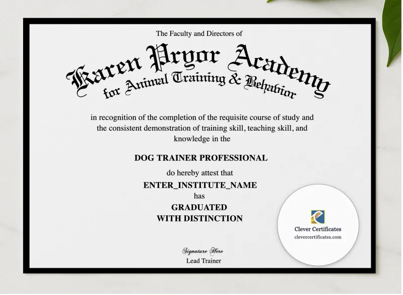 Animal Behavior Training Certificate presented in a sleek wooden frame, elegantly arranged on a stylish table.